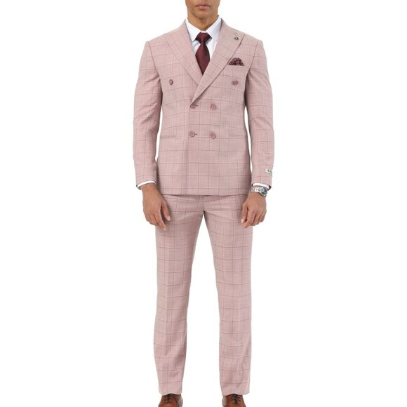 Pink Windowpane Peak Lapel Double Breasted Stacy Adams Men's Suit - Picture 4 of 4
